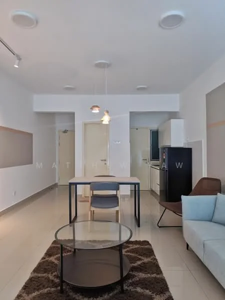 Living features: light grey walls, white painted walls, recessed downlights, pendant light, 3-seater fabric sofa in light blue, coffee table with glass top, area rug with geometric pattern, dining table with 4 chairs, built-in cabinetry, open layout to kitchen, floor-to-ceiling windows, tile flooring; style: modern. Kitchen features: white cabinetry, black refrigerator, stainless-steel sink, built-in oven, ceramic tile backsplash, countertop with space for appliances, open layout to living area; style: modern.