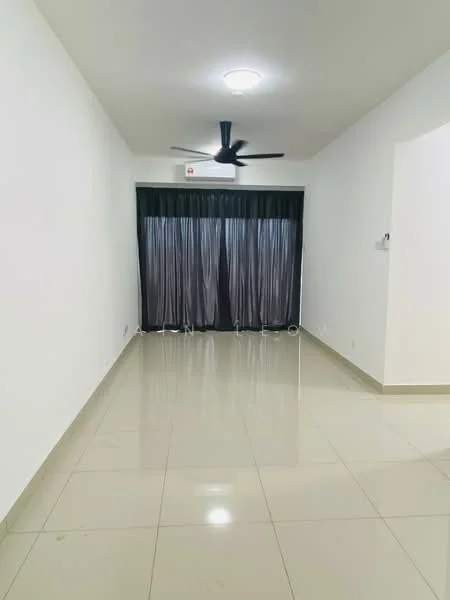Living features: white painted walls, glossy ceramic tile flooring, 5-blade ceiling fan with light, floor-to-ceiling windows, blackout curtains, recessed ceiling lights; style: modern.