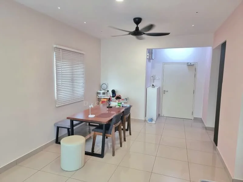 Dining features: dining table with four chairs, white round stool, ceiling fan with light, white painted walls, light-colored tiled flooring, window with blinds, doorway leading to hallway, wall-mounted mirror; style: modern. Room features: white painted walls, light-colored tiled flooring, doorway leading to hallway.