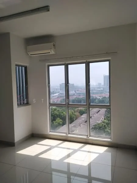 Room features: floor-to-ceiling windows, white painted walls, marble tile flooring, 1 wall-mounted split AC, natural light from windows, city view, window treatments with vertical blinds; style: modern; view: city.