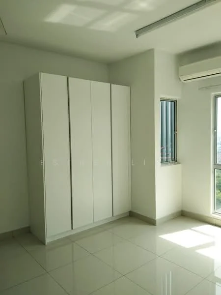 Room features: white painted walls, glossy tile flooring, floor-to-ceiling window, built-in wardrobe with sliding doors, wall-mounted split AC, natural light from window; style: modern; view: city.