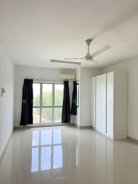 Bedroom features: white painted walls, glossy ceramic tile flooring, 5-blade ceiling fan, floor-to-ceiling windows, blackout curtains, built-in wardrobe, air conditioning unit; style: modern; view: garden.