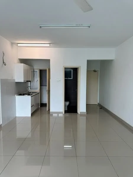 Kitchen features: white cabinetry, stainless-steel sink, gas stove, white tiled backsplash, countertop with space for appliances; style: modern. Bathroom features: toilet, dark tiled walls, small window, unknown fixtures. Living features: glossy tile flooring, white painted walls, ceiling fan, recessed lighting; style: modern.