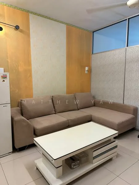 Living features: L-shape sectional sofa in beige, coffee table with storage, cream tiled flooring, yellow accent wall with patterned wallpaper, light grey wall with texture, floor-to-ceiling windows, ceiling fan, refrigerator, wall-mounted light fixture; style: modern.