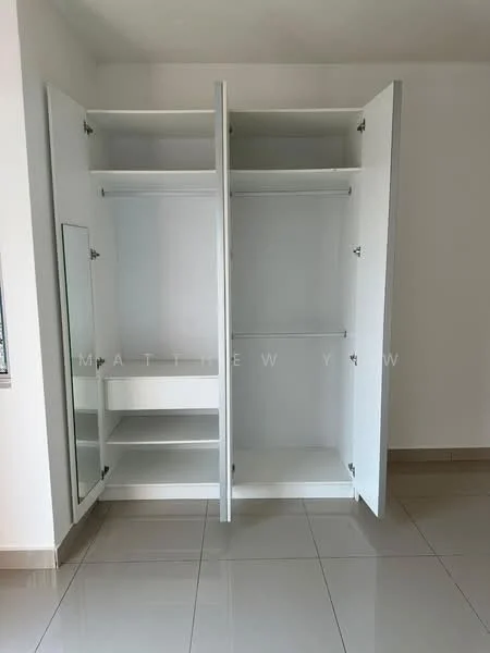 Room features: built-in wardrobe with sliding doors, white cabinetry, mirror panel on the left door, open shelving, hanging space, glossy finish, tile flooring, neutral wall colour; style: modern.