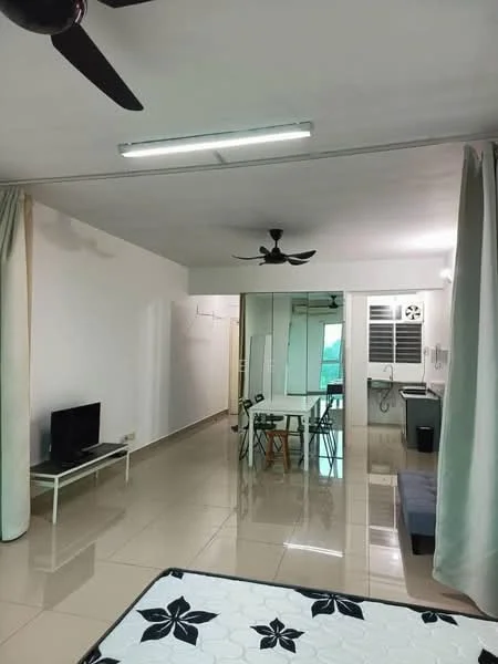 Room features: white painted walls, glossy tile flooring, ceiling fan, LED ceiling lights, curtains, TV on a white console, dining table with chairs, mirror wall, air conditioning unit, sofa, laundry area with washing machine; style: modern.