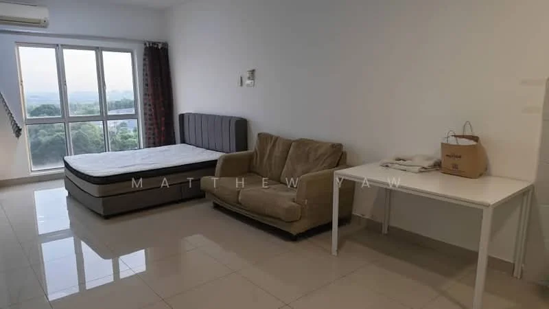 Room features: floor-to-ceiling windows, grey upholstered bed frame, mattress on bed frame, beige fabric sofa, white dining table, ceramic tile flooring, white painted walls, curtains with floral pattern, wall-mounted air conditioning unit; style: modern; view: city.