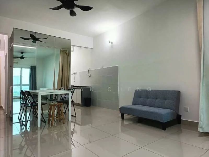 Living features: grey fabric sofa, white walls, tile flooring, ceiling fan, dining table with black chairs, large glass windows, curtains, recessed lighting, kitchenette area with sink, black trash bin; style: modern; view: city.