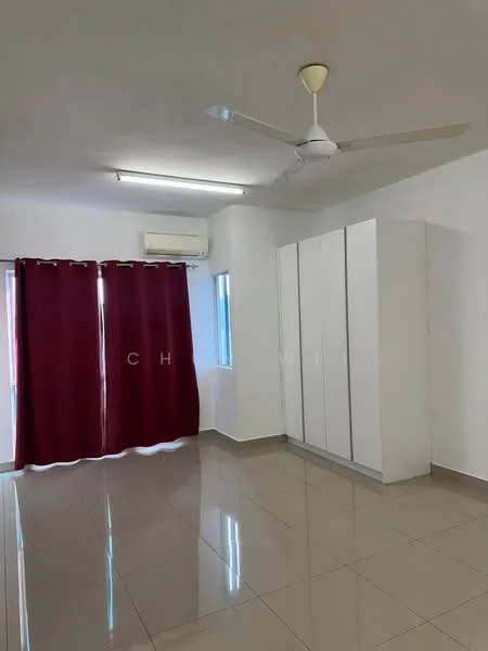 Bedroom features: white painted walls, glossy tile flooring, 5-blade ceiling fan, 1 wall-mounted split AC, floor-to-ceiling window, red curtains, built-in wardrobe with sliding doors, natural light from window; style: modern.