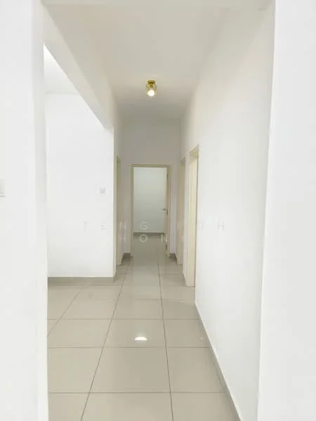 Hallway features: white painted walls, tile flooring, ceiling light fixture, door frames, neutral color scheme; style: modern.