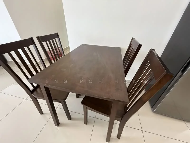 Dining features: wooden dining table, 4 wooden dining chairs, slatted back chairs, light-colored tiled flooring, white painted walls; style: modern.
