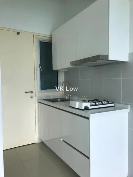 Kitchen features: white cabinetry, stainless-steel sink, chrome pull-down faucet, white countertop, built-in gas hob, exhaust hood, white tiled backsplash, light-colored floor tiles, window with view, door leading to hallway; style: modern.