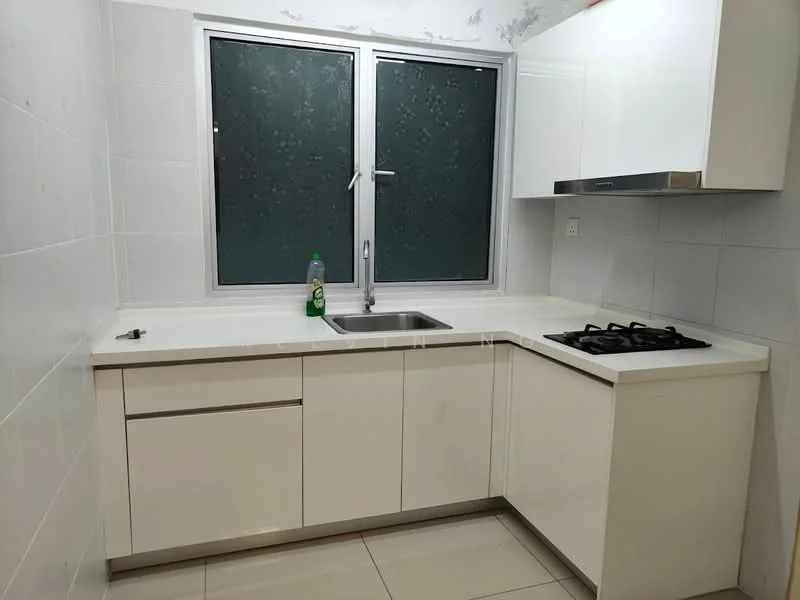 Kitchen features: white flat-panel cabinets, stainless-steel sink, chrome pull-down faucet, white quartz countertop, built-in gas hob, wall-mounted range hood, tile backsplash, large window with frosted glass, ceramic tile flooring, under-cabinet lighting; style: modern.