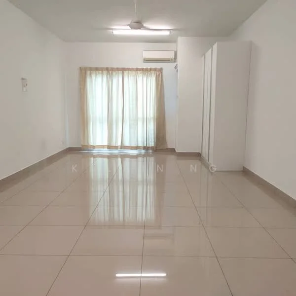 Room features: white painted walls, glossy beige tile flooring, ceiling fan, floor-to-ceiling windows with sheer curtains, built-in wardrobe, air conditioning unit; style: modern.