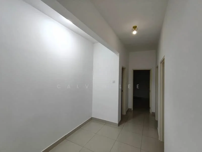 Hallway features: white painted walls, tile flooring, ceiling light fixture, doorway to adjacent rooms.
