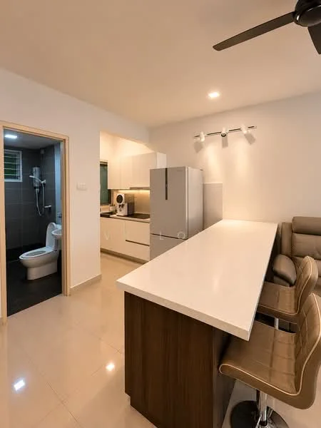 Kitchen features: white cabinetry, marble countertop, stainless-steel fridge, built-in oven, 4-burner gas hob, single-bowl stainless-steel sink, chrome pull-down faucet, pendant lighting, bar seating with high stools, tile flooring, recessed downlights; style: modern. Bathroom features: one-piece toilet, tile flooring, wall-mounted sink, shower area, grey tile walls.