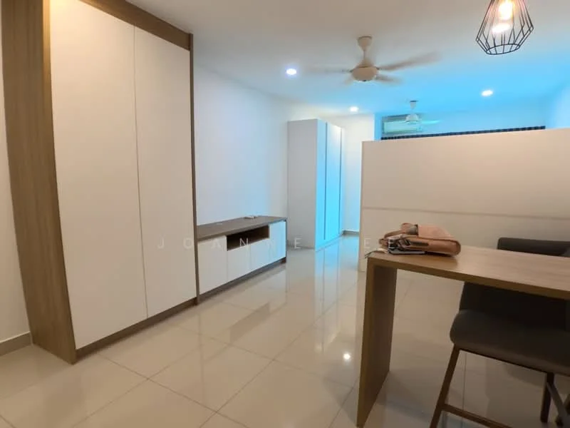 Room features: white painted walls, glossy tile flooring, ceiling fan, recessed downlights, built-in cabinetry with wood accents, open shelving, dining table with four chairs, partition wall, neutral color scheme; style: modern.