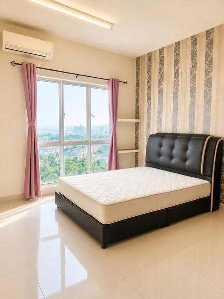 Bedroom features: king-size bed, black upholstered headboard, white mattress, floor-to-ceiling windows, curtains in light purple, wall with floral wallpaper, plain painted walls, glossy tile flooring, 1 wall-mounted split AC, shelf unit, city view; style: modern; view: city.