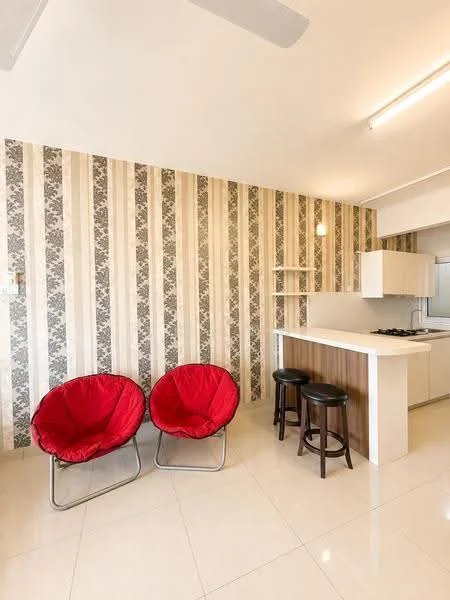 Living features: two red fabric chairs, white kitchen countertop, stainless-steel gas hob, white cabinetry, cream tiled flooring, striped wallpaper with floral pattern, recessed ceiling lights, open shelving, bar stools, ceiling fan; style: modern.