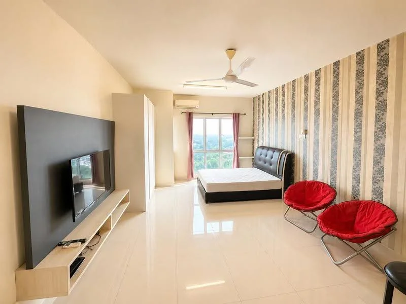 Bedroom features: queen-size bed, black upholstered headboard, white mattress, 2 red folding chairs, wall-mounted TV, light wood TV console, white painted walls, striped wallpaper, large window with city view, ceiling fan, air conditioning unit, glossy tile flooring; style: modern; view: city.