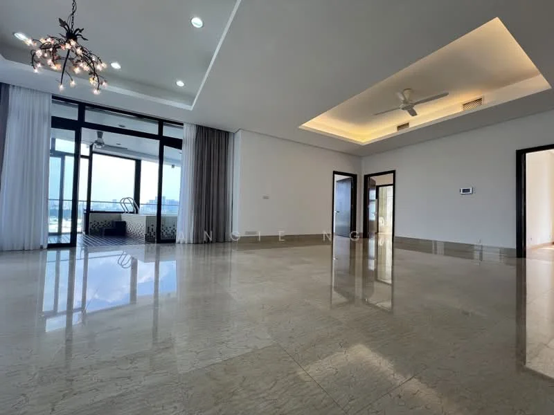 Living features: marble flooring, tray ceiling with recessed lighting, 5-blade ceiling fan, floor-to-ceiling windows, sliding glass door, sheer curtains, chandelier, neutral wall color, open layout, access to balcony, natural light; style: modern; view: city.