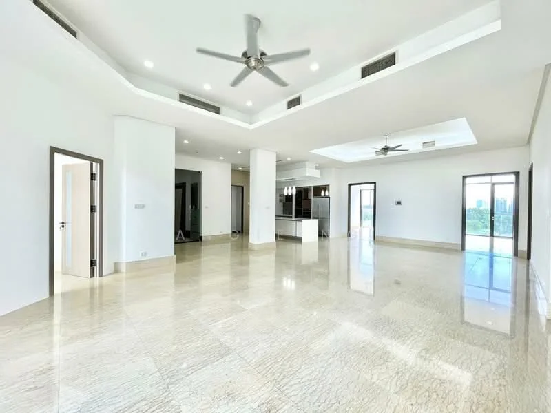 Living features: marble flooring, tray ceiling, recessed downlights, 5-blade ceiling fan, floor-to-ceiling windows, sliding glass door, white painted walls, open layout, natural light, access to balcony, neutral color palette, modern design; style: modern; view: city. Kitchen features: kitchen island, stainless-steel appliances, white cabinetry, open layout, marble countertop; style: modern.