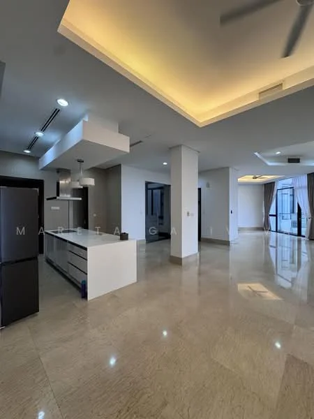 Kitchen features: white cabinetry, marble countertop, stainless-steel fridge, built-in oven, 4-burner gas hob, pendant lighting, open shelving, kitchen island; style: modern. Living features: marble flooring, recessed downlights, crown moulding, large windows, sliding glass door, ceiling fan; style: modern. Room features: neutral wall color, open layout, natural light.