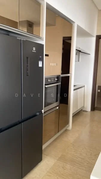 Kitchen features: black stainless-steel fridge, built-in oven, glass-front cabinetry, white cabinetry, countertop with integrated sink, wall-mounted shelf, marble flooring, mirrored backsplash; style: modern.
