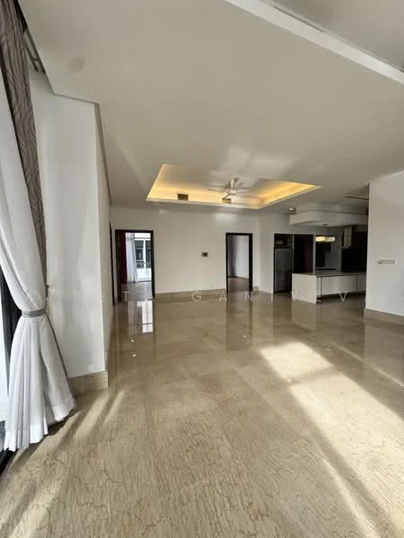 Living features: marble flooring, white painted walls, tray ceiling with recessed lighting, 5-blade ceiling fan, floor-to-ceiling windows, curtains, open layout, natural light; style: modern.