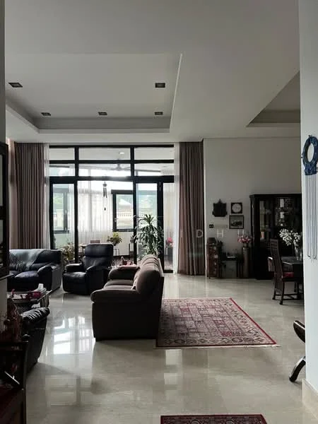 Living features: cream painted walls, marble flooring, tray ceiling, floor-to-ceiling windows, sheer curtains, 3-seater leather sofa in black, 2-seater fabric sofa in brown, coffee table, area rug with traditional pattern, decorative plants in pots, wall-mounted artwork, built-in cabinet with glass doors, recessed downlights; style: contemporary; view: garden.