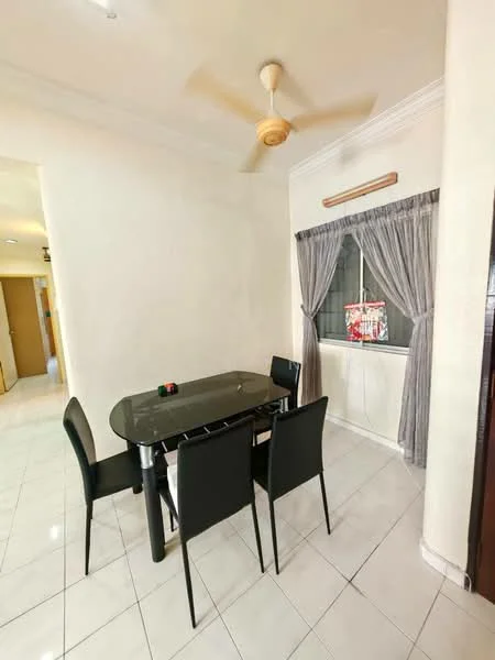 Dining features: glass dining table, black dining chairs, white tiled flooring, cream painted walls, ceiling fan, curtains, window with view, decorative wall feature; style: modern.