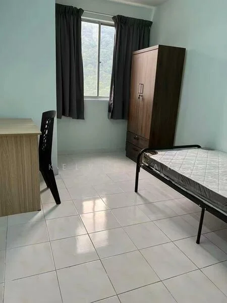Bedroom features: light blue painted walls, white tiled flooring, single bed frame without mattress, wooden wardrobe with two doors, wooden study desk, black plastic chair, floor-to-ceiling window with grey curtains; style: modern; view: mountain.
