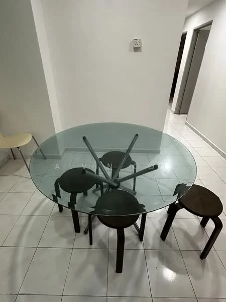 Dining features: round glass dining table, 4 wooden dining chairs, white tiled flooring, plain white walls, neutral color scheme, minimalist decor, single ceiling light fixture, open space layout; style: modern.