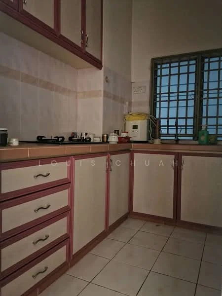 Kitchen features: laminate countertop, white cabinetry with pink trim, 4-burner gas hob, built-in oven, tile backsplash, ceramic tile flooring, single-bowl stainless-steel sink, window with metal grille, under-cabinet lighting, kitchen utensils on countertop.