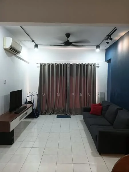 Living features: white painted walls, blue accent wall, ceramic tile flooring, 5-blade ceiling fan, recessed LED downlights, sofa in dark grey, coffee table, wall-mounted TV, TV console with storage, curtains in grey, air conditioning unit, decorative cushion in red; style: modern.