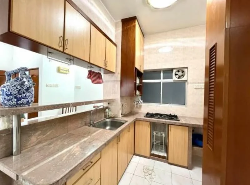 Kitchen features: laminate cabinetry in light wood, granite countertop, single-bowl stainless-steel sink, chrome pull-down faucet, 4-burner gas hob, built-in oven, exhaust fan, tile backsplash, white tiled flooring, window with grid pattern, hanging storage rack, open shelving; style: modern.