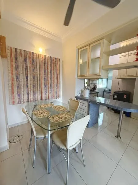 Dining features: glass dining table, 4 dining chairs, cream upholstered chairs, white walls, tile flooring, recessed lighting, decorative wall hanging, open kitchen layout, kitchen island, stainless-steel appliances visible in background; style: modern.