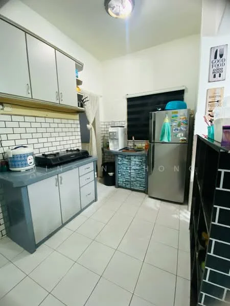 Kitchen features: white tiled walls with black grout, grey cabinetry with flat-panel doors, black countertop, stainless-steel fridge, built-in oven, sink with faucet, white ceramic tile flooring, window with black roller blinds, open shelving, kitchen utensils and appliances on countertop; style: modern.