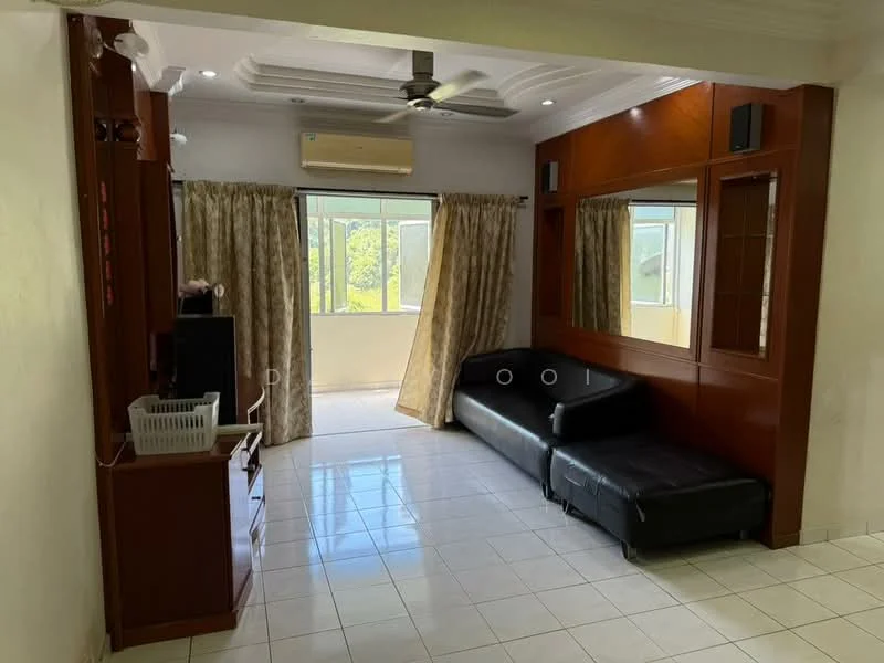 Living features: black leather sectional sofa, wall-mounted TV, wooden TV console, large window with sheer curtains, white painted walls, ceiling fan with light, recessed downlights, tile flooring, built-in wooden cabinetry with mirror; style: modern; view: garden.
