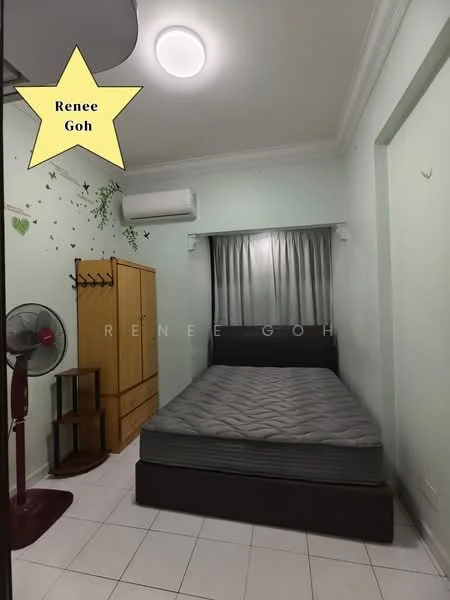 Bedroom features: green painted walls, white ceiling, queen-size bed with grey mattress, wooden wardrobe, wooden bedside table, floor-mounted fan, curtains, wall-mounted air conditioning unit, tile flooring, decorative wall decals.