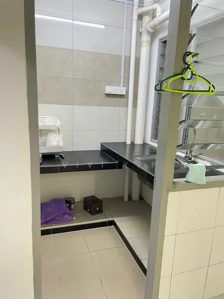 Laundry features: black countertop, white tiled walls, grey tiled flooring, sink with faucet, open shelving unit, drainage area, exposed plumbing, hanging rack; style: modern.