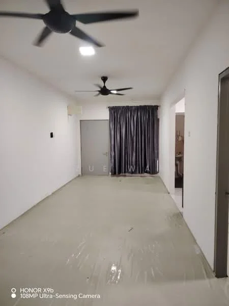 Room features: white painted walls, concrete flooring, 2 ceiling fans, curtains, doorway leading to another room, light switch, wall-mounted electrical outlet; style: minimalist.