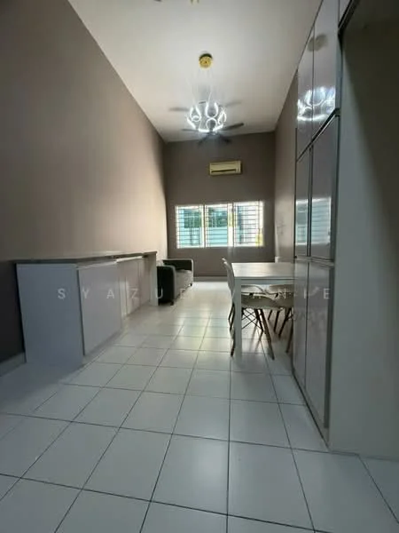 Room features: white tiled flooring, grey painted walls, ceiling fan with light, window with blinds, dining table with chairs, kitchen cabinets, refrigerator, open layout; style: modern.