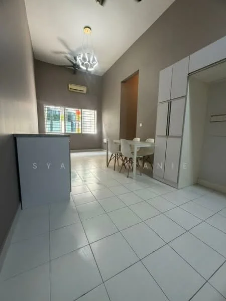 Room features: grey painted walls, white tiled flooring, 5-blade ceiling fan with light, dining table with chairs, built-in cabinetry, window with grille, air conditioning unit, recessed lighting; style: modern.