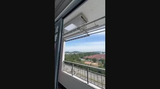 Room features: balcony with railing, floor-to-ceiling sliding glass door, window with view, air conditioning unit, white walls, grey flooring, mountain view; view: mountain.