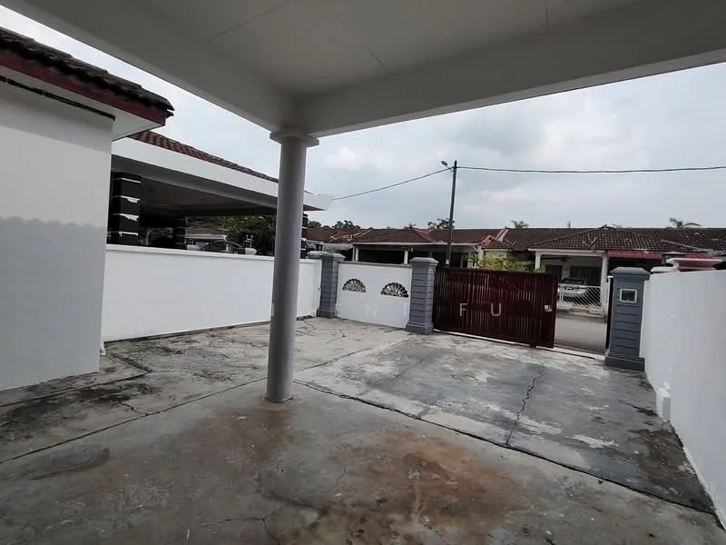 Exterior type: detached bungalow; features: concrete driveway, white painted walls, gate with metal bars, manicured lawn, single-storey structure, covered porch, paved walkway, surrounded by residential houses; style: modern.
