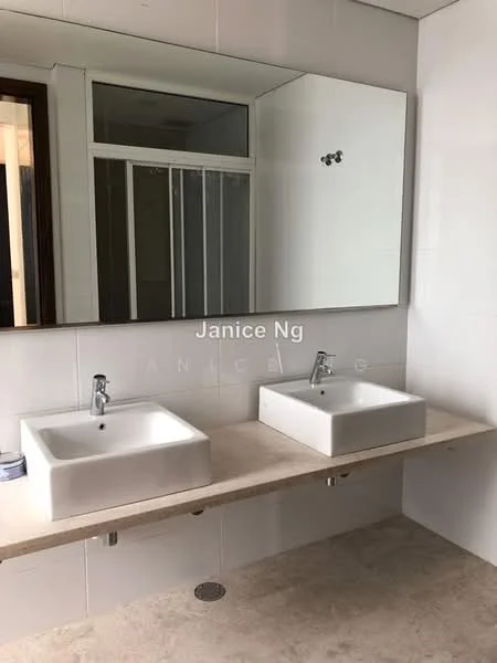 Bathroom features: double-sink vanity with square ceramic sinks, chrome basin mixers, large wall-mounted mirror, light-colored stone countertop, white tiled walls, neutral flooring, glass shower enclosure, recessed lighting; style: modern.