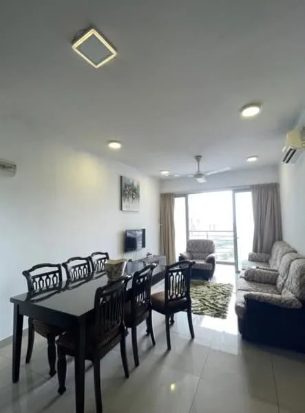 Living features: dining table with 6 chairs, sofa set with patterned upholstery, coffee table, wall-mounted TV, floor-to-ceiling windows, curtains, ceiling fan, recessed LED downlights, air conditioning unit, polished tile flooring, decorative wall art, area rug with geometric pattern; style: modern; view: city.
