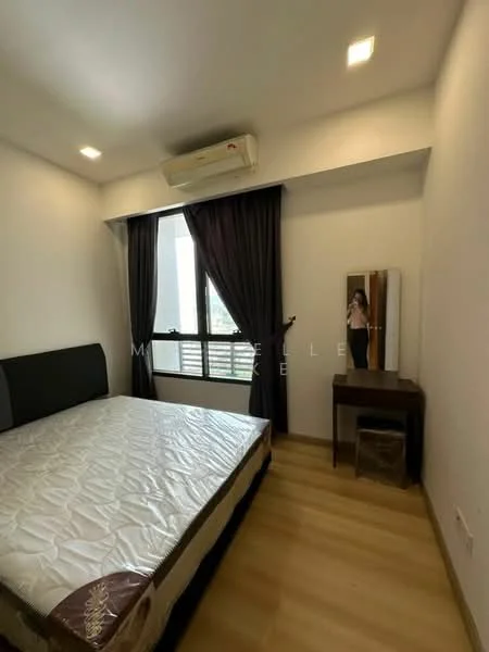 Bedroom features: queen-size bed, wooden flooring, white painted walls, recessed downlights, floor-to-ceiling window, blackout curtains, wall-mounted split AC, mirror on dresser, wooden dresser, decorative wall art; style: modern.