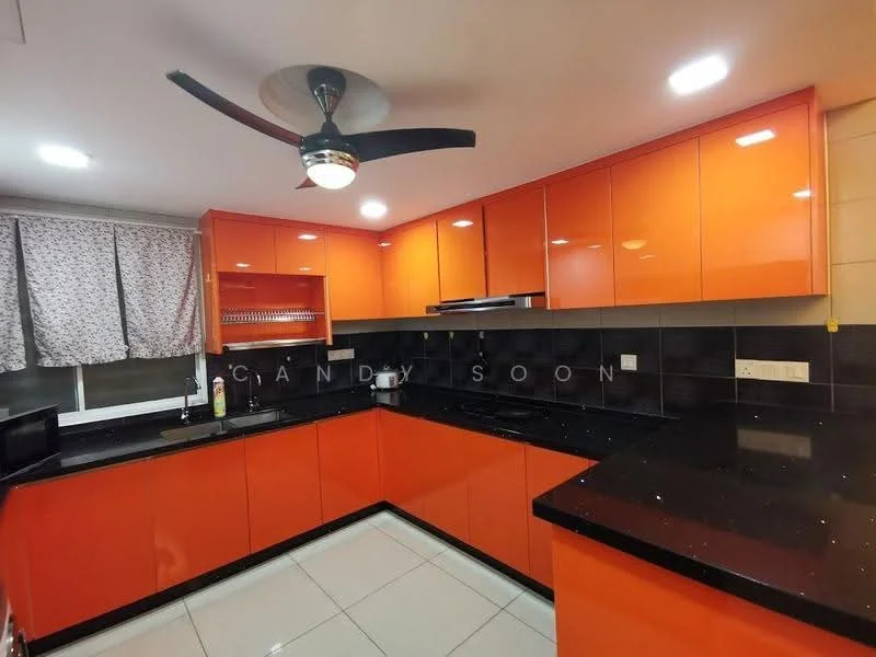 Kitchen features: orange high-gloss cabinetry, black granite countertop, black backsplash, stainless-steel built-in oven, stainless-steel cooktop, single-bowl stainless-steel sink, chrome pull-down faucet, 5-blade ceiling fan with light, tile flooring, window with sheer curtains, open shelving, recessed LED downlights; style: modern.